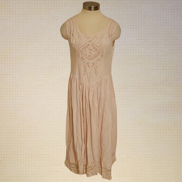 Prairie Farmhouse Embroidered Cotton Midi Dress KAPMA Sleeveless Bow S - Picture 1 of 8